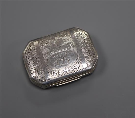 A George III octagonal silver vinaigrette, engraved with monogram and lovebirds, Samuel Pemberton, Birmingham, 1814, 38mm.